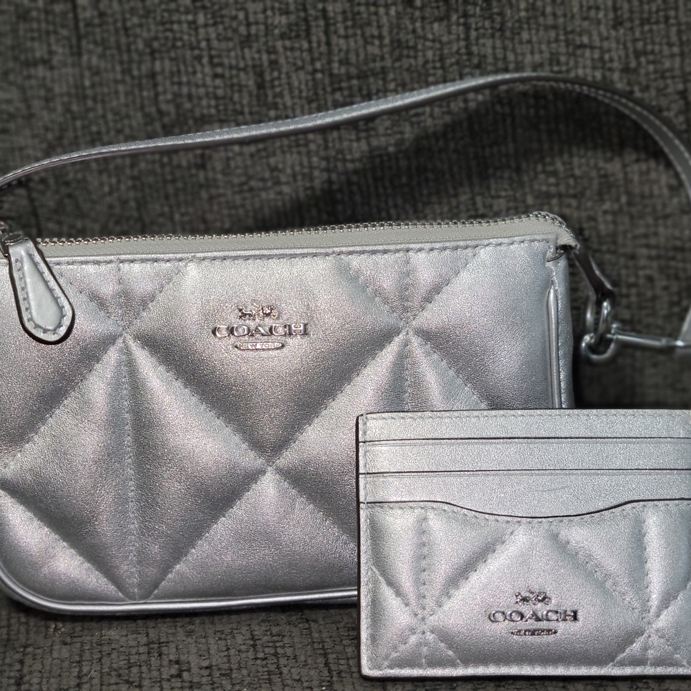 Coach Silver Quilted Clutch Wristlet & Wallet Set